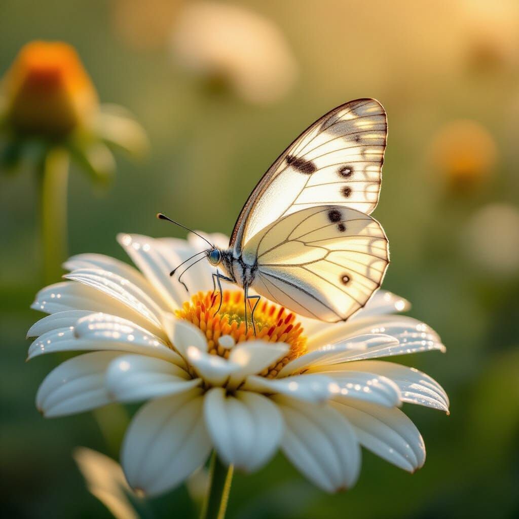White Butterfly in Golden Light: Photorealistic Garden Scene