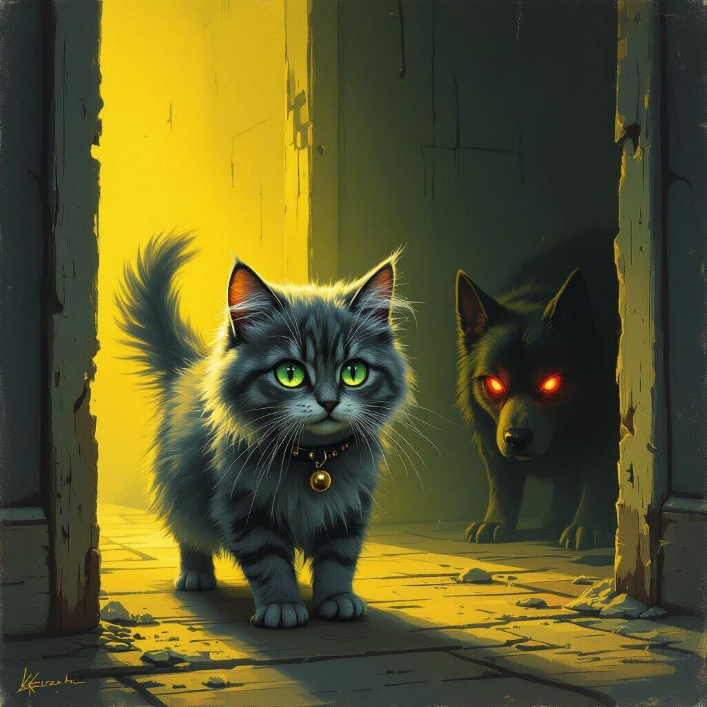 Curious Cat Explores Eerie Backrooms, Dog Lurks