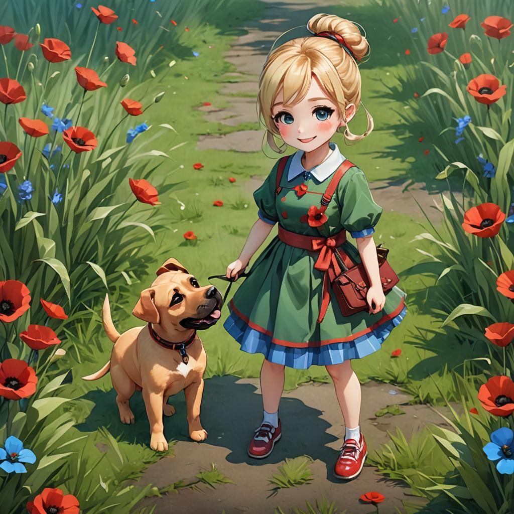 Cute Chibi Girl with Puppy in Anime Style
