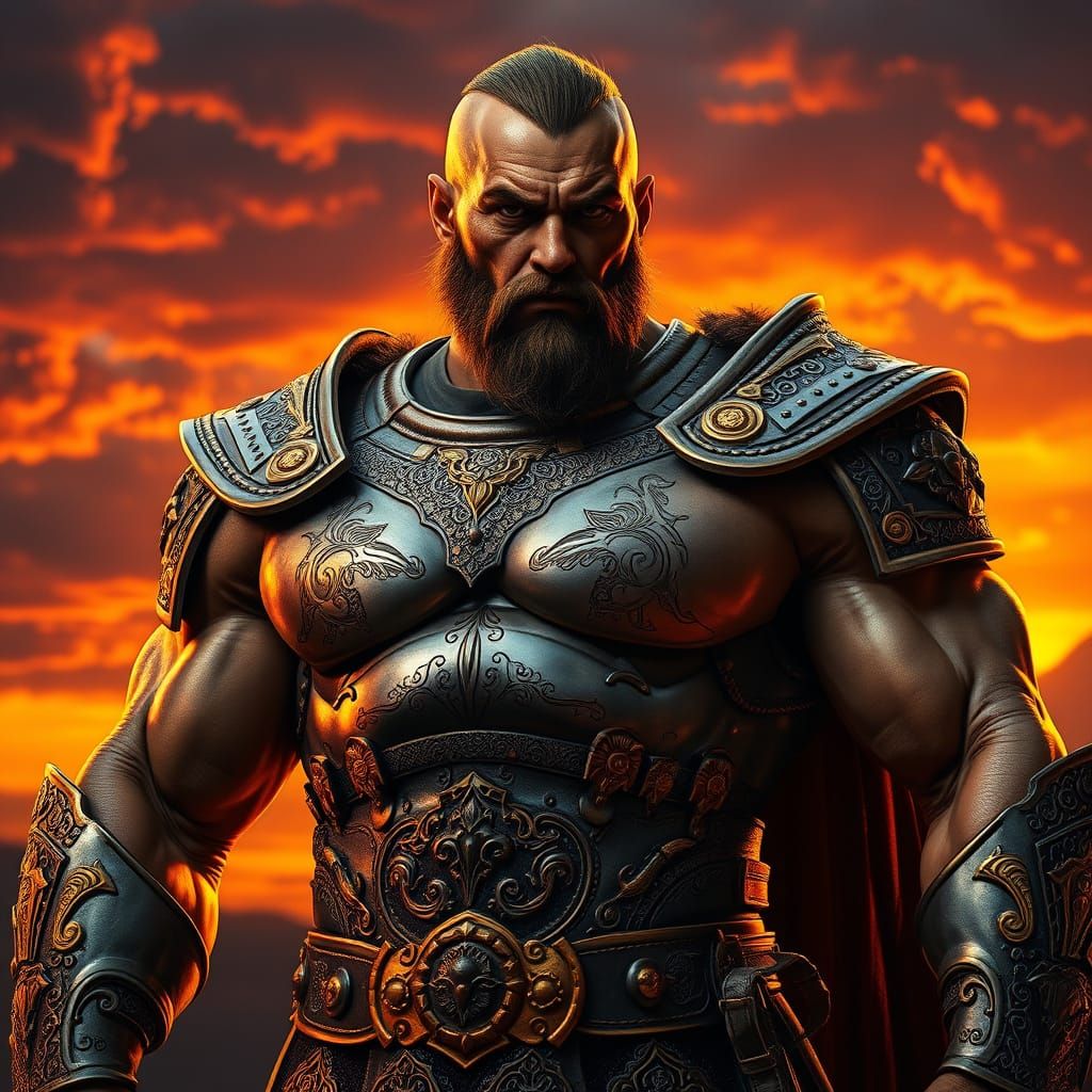 Muscular Warrior in Glowing Armor against Sunset Skies