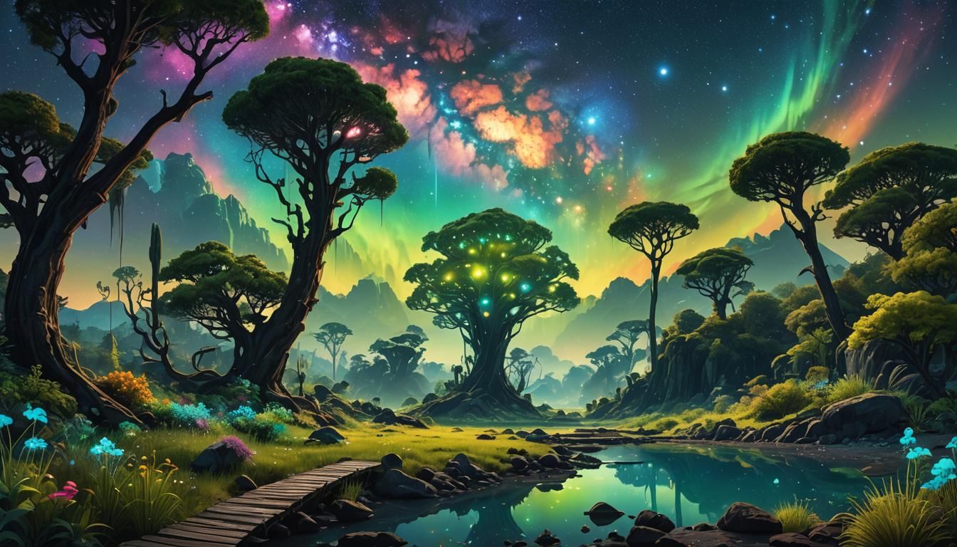Bioluminescent Garden Under Cosmic Sky in LSD Art Style