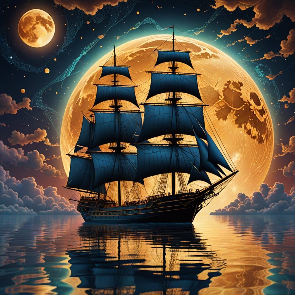 Majestic Sailing Ship Under Golden Moon