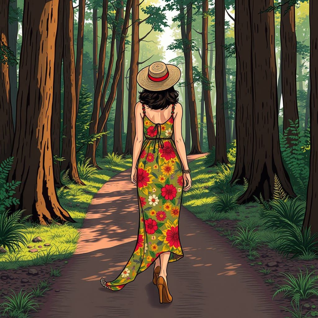 Woman Embarks on Whimsical Forest Adventure in Comic Book St...