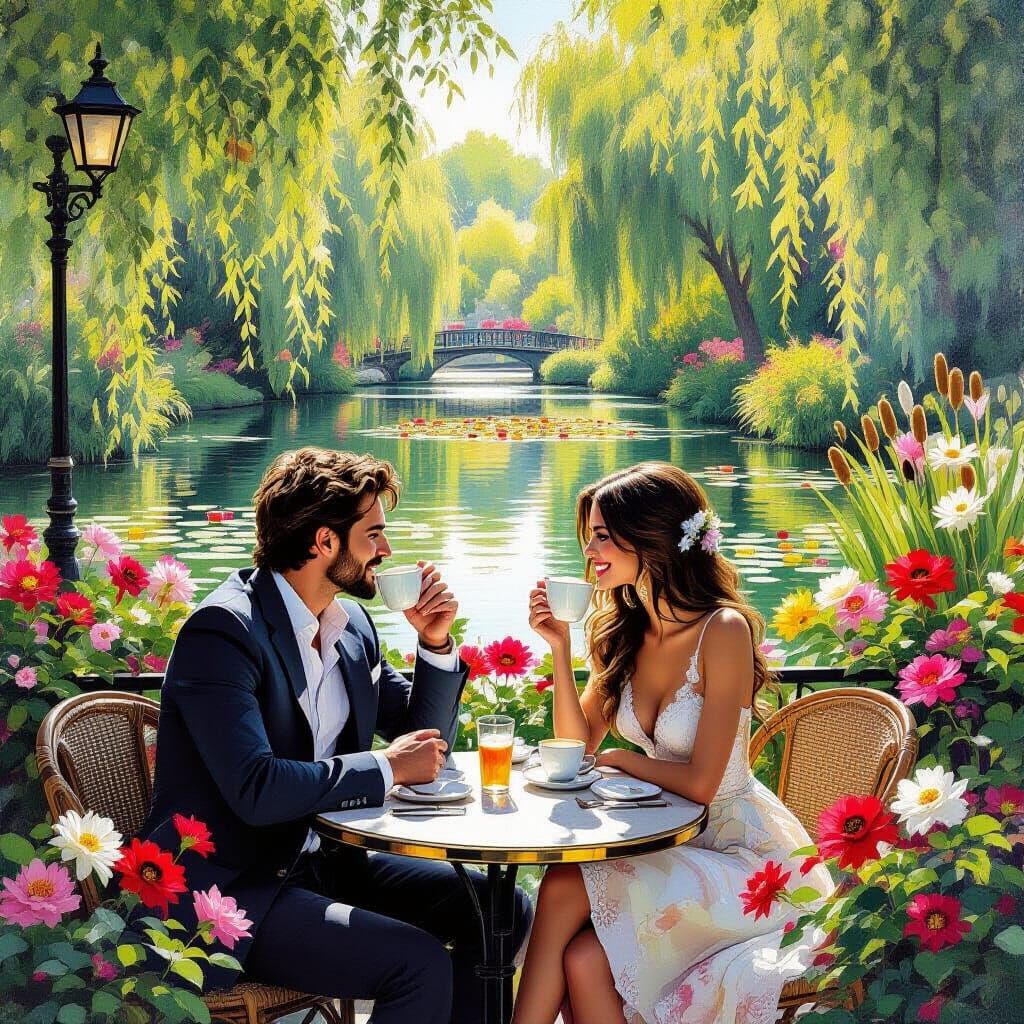 Cafe Scene with Flowers in Impressionist Style