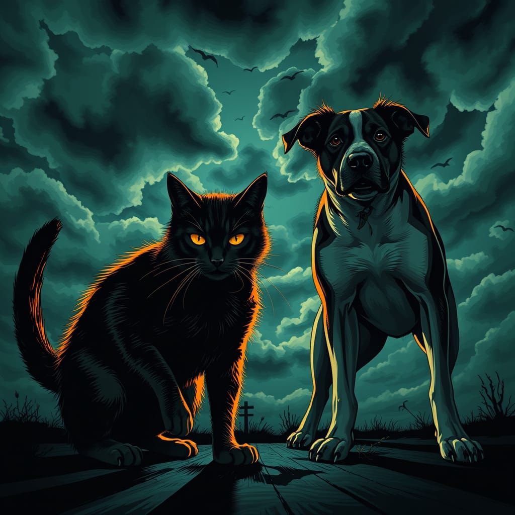 Cat and Dog Enemies Under Dramatic Sky