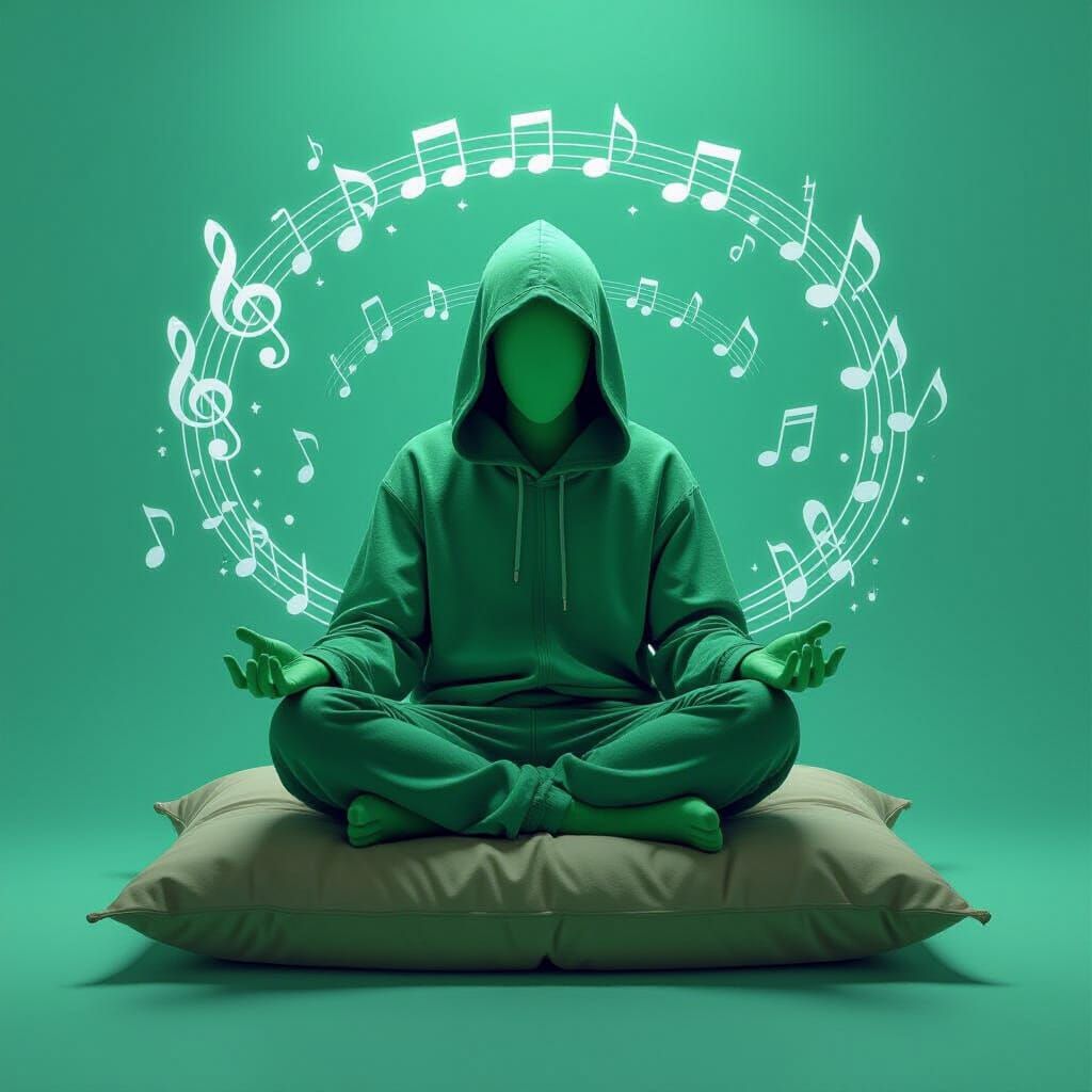 Green Figure Meditating with Musical Energy