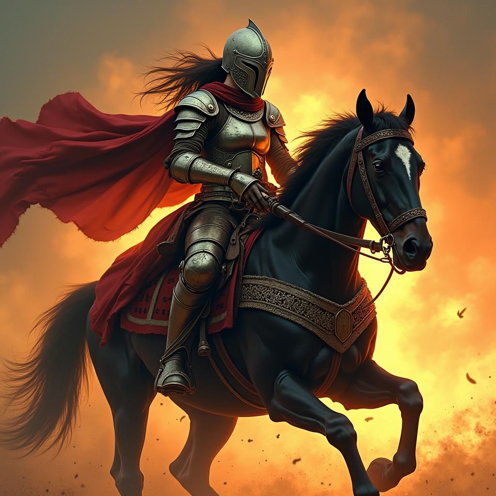 Armored Woman on Black Horse Amidst Fire