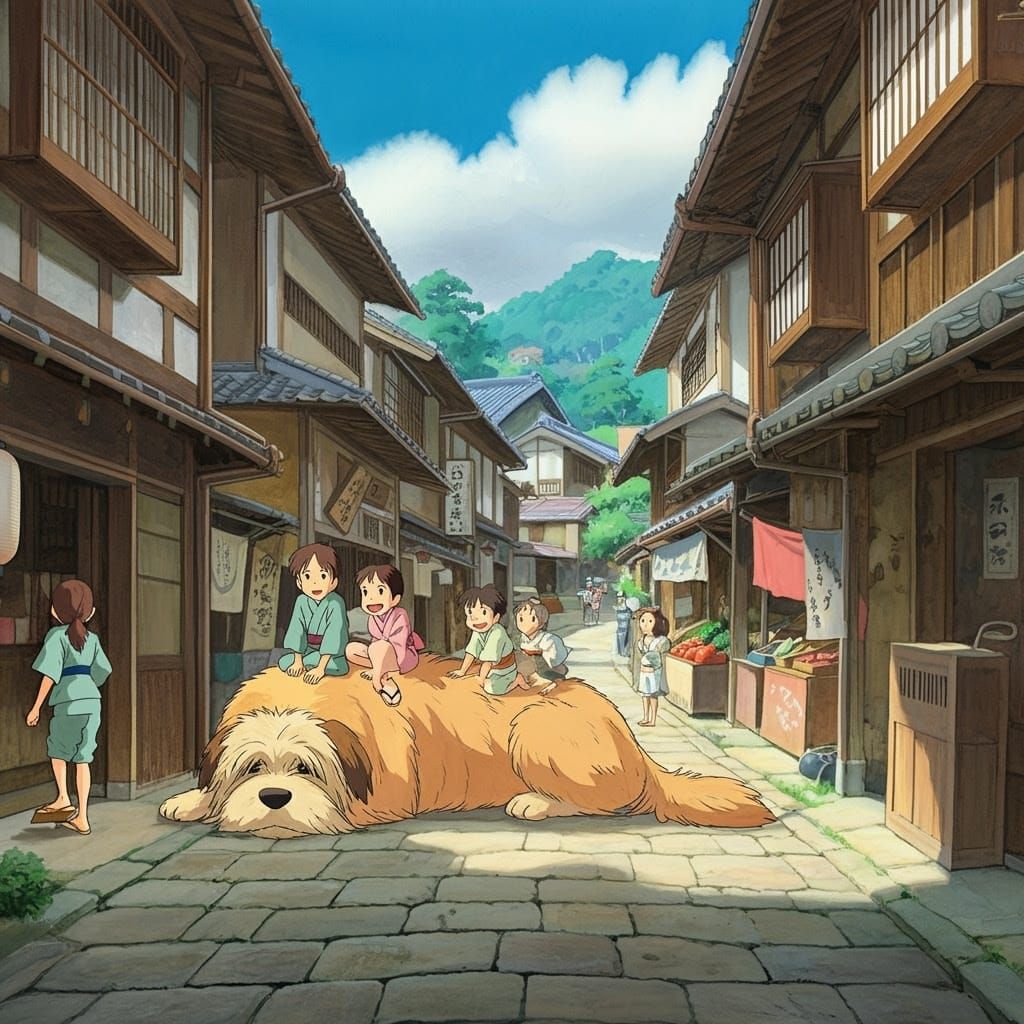 Whimsical Town Scene with Golden Dog and Joyful Children
