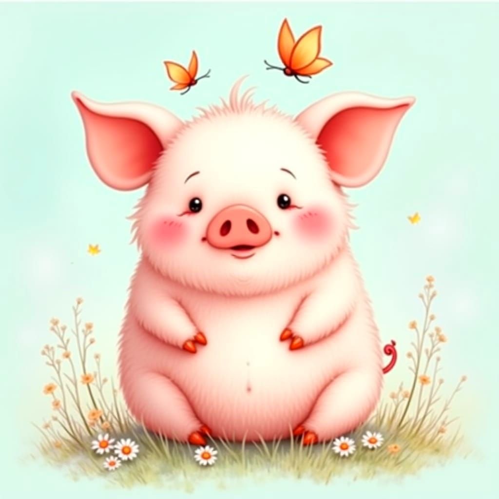 Charming Watercolor Pig with Butterflies and Daisies