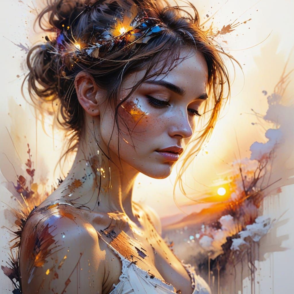 Sunset Figure in Watercolor Style with Soft Brushstrokes