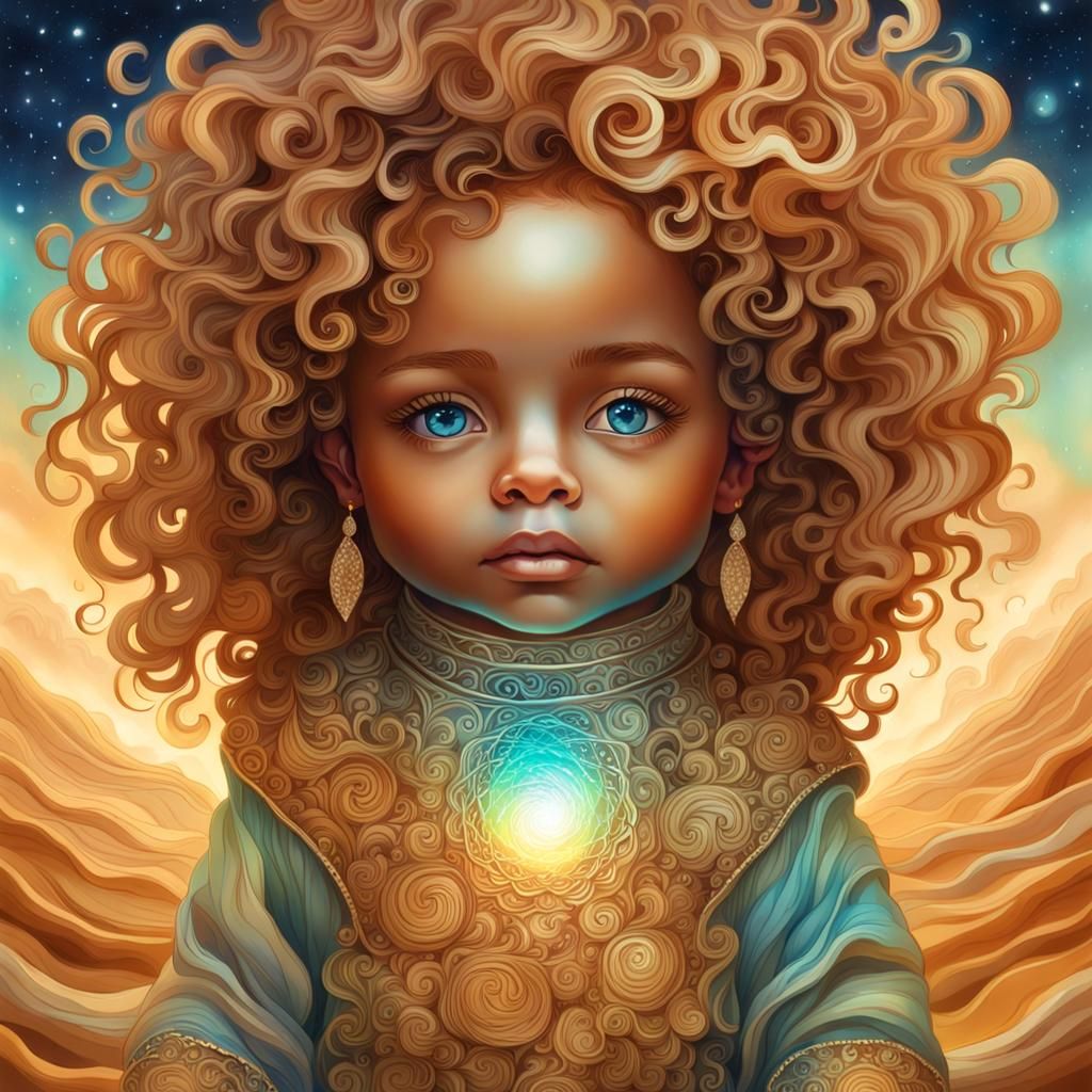 Baby with Blue Eyes in Aurora Moonscape