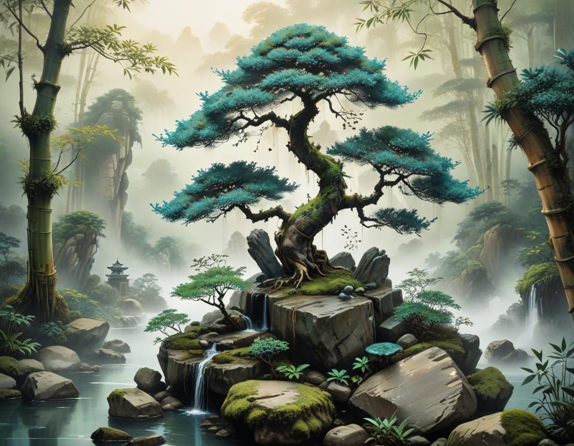 Bonsai in Zen Garden: Chinese Ink Wash Painting