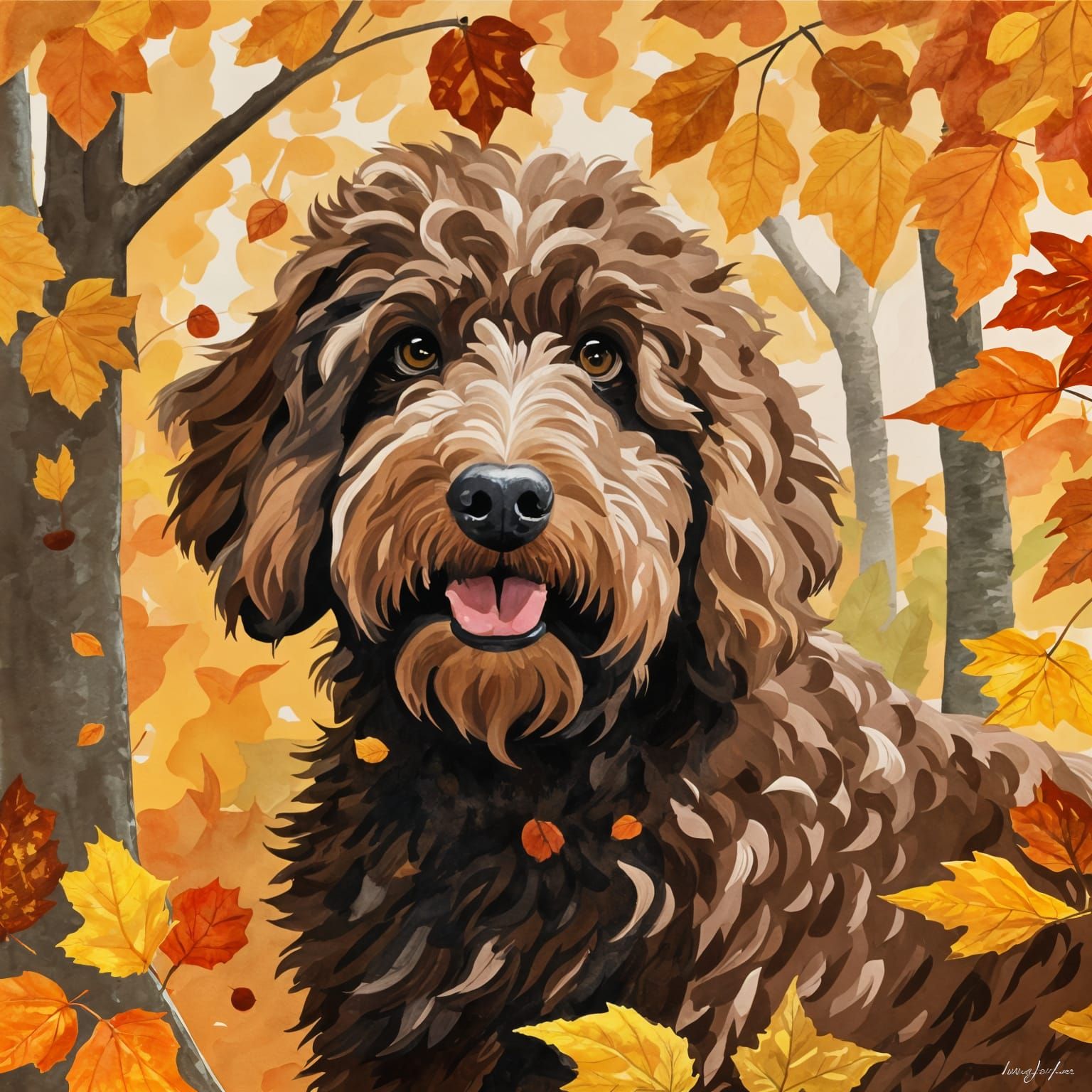 Labradoodle in Autumn Leaves: Impressionist Gouache Painting