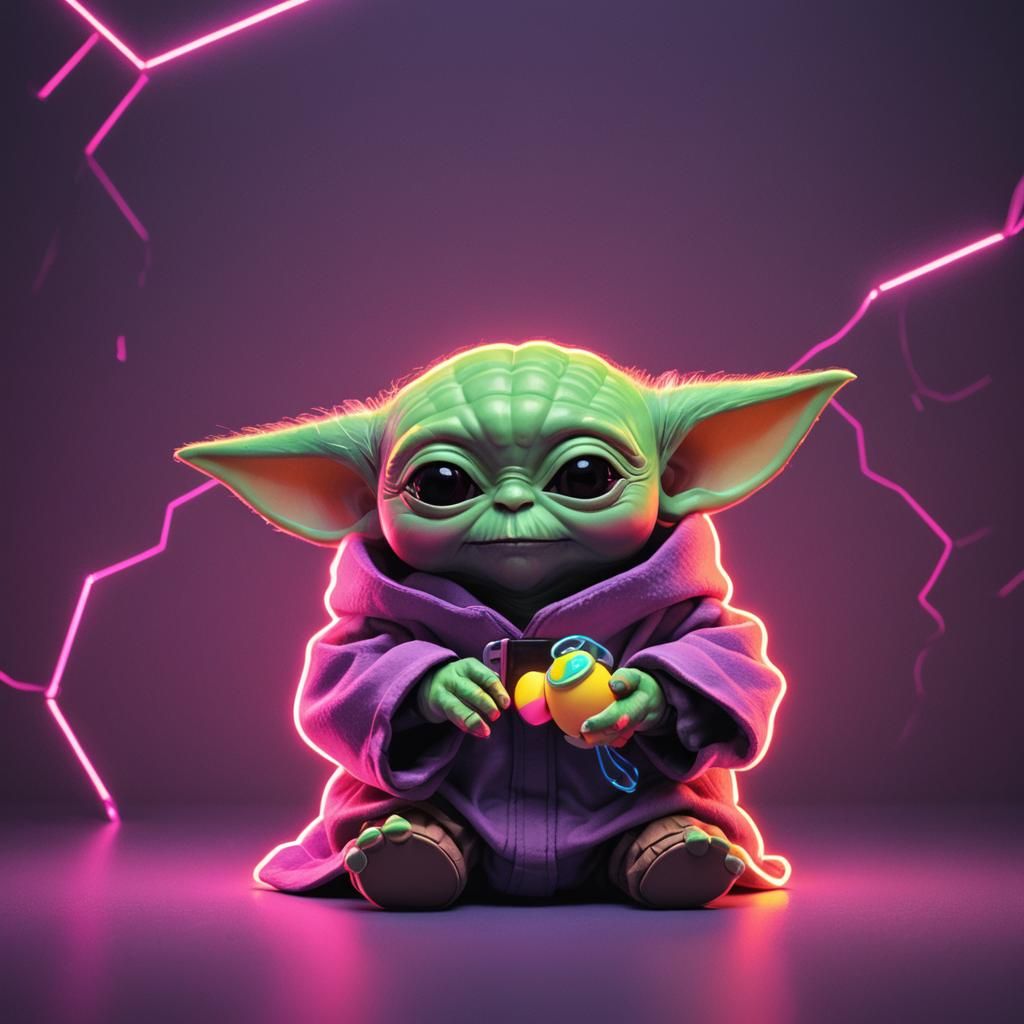 Baby Yoda with Plush Toy in Synthwave Style