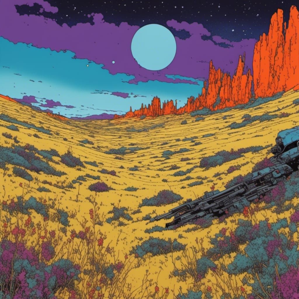 Druid in Desert Grasslands, Moebius Style Illustration