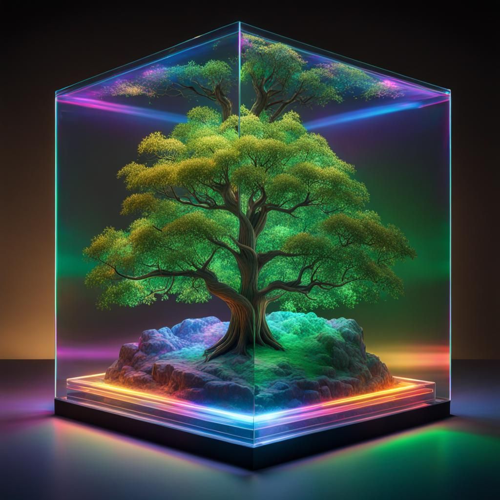 Holographic Tree in Glass Cube: 16k Photorealistic Image