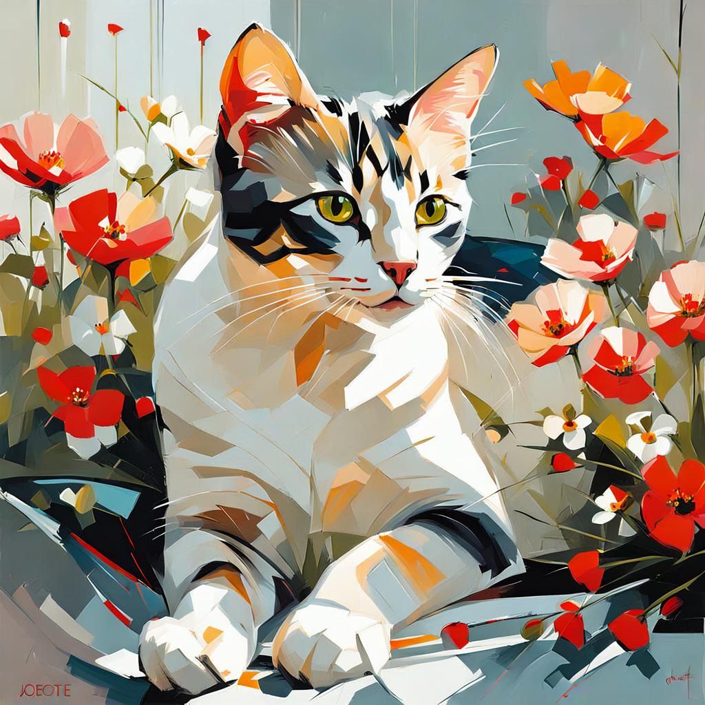 Whimsical Cat Surrounded by Vibrant Blooms in a Warm Glow