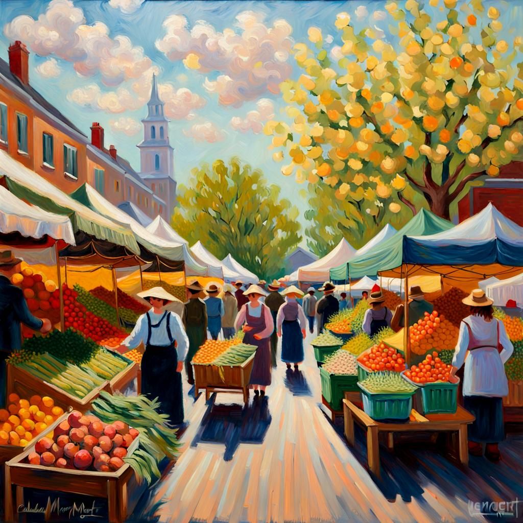 Oil painting of a Vibrant Farmers Market in Spring, in the s...