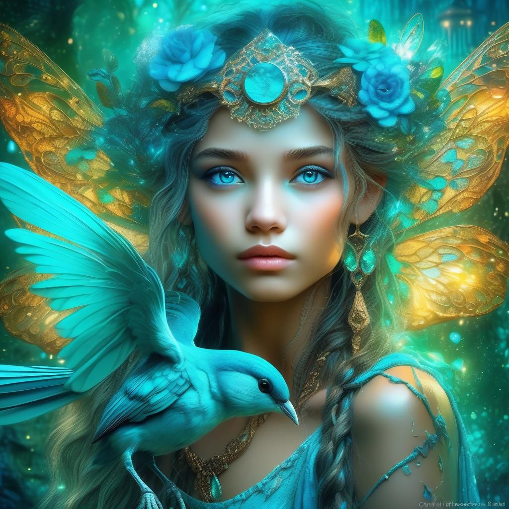 Turquoise Fairy Girl with Bird: Fantasy Art