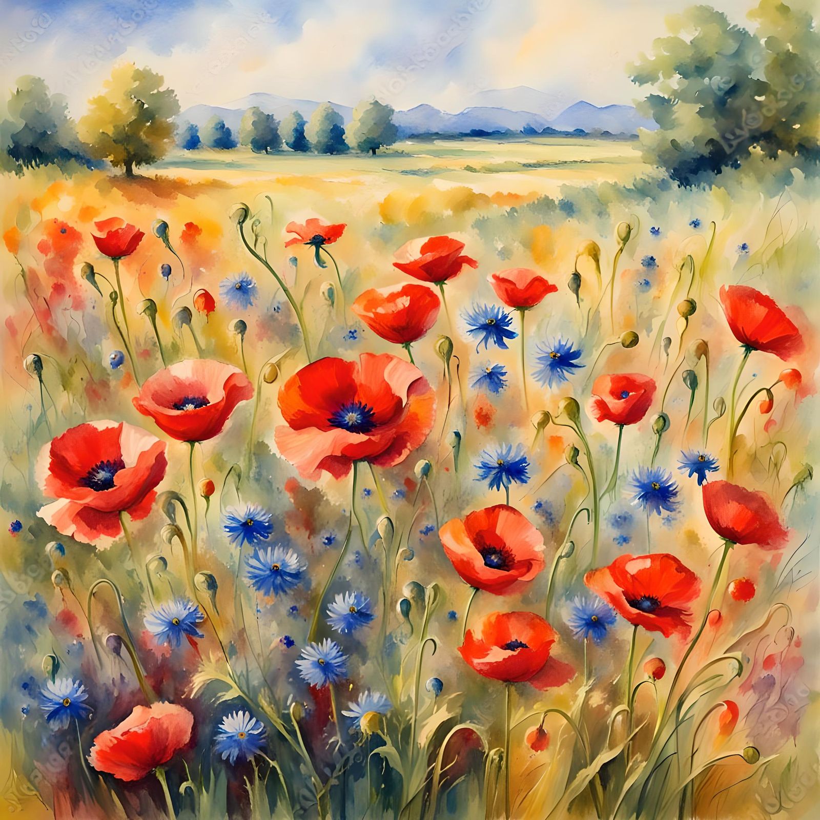 Impressionistic Watercolor Field of Poppies