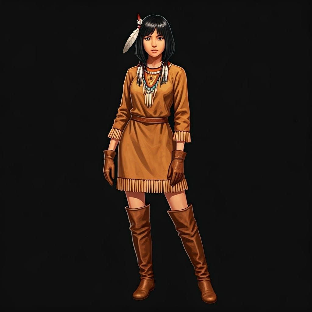 Native Girl in Peanut-Brown Leather Suede Dress, Manga-Style