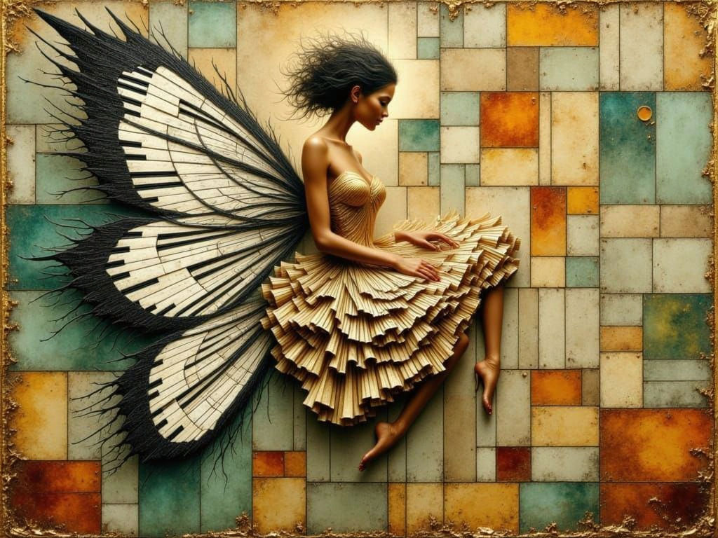 Golden Piano Fairy with Abstract Wings