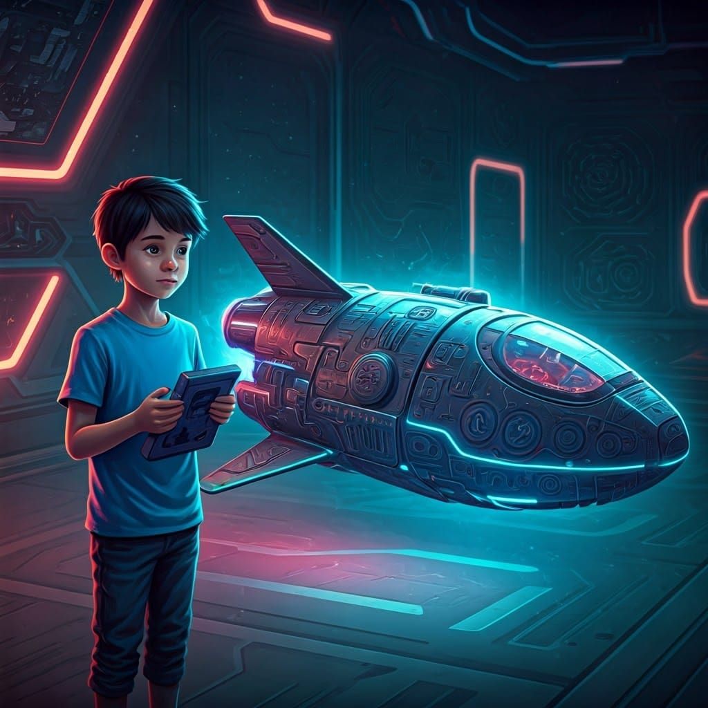 Boy Controls Toy Spaceship in Futuristic Room
