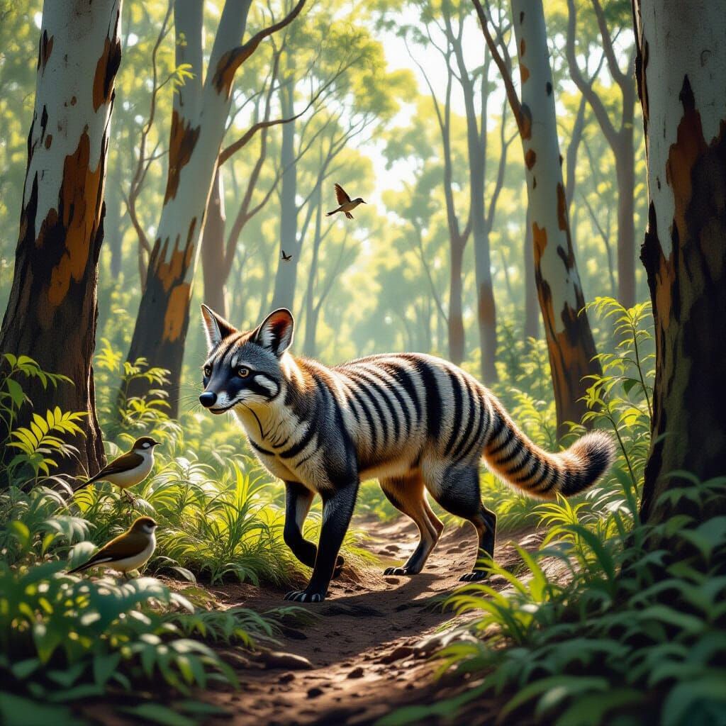 Majestic Thylacine in Tasmanian Eucalyptus Forest