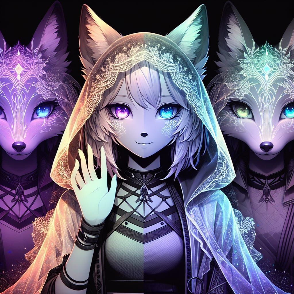 Gothic Anime Fox Figurine with Heterochromatic Eyes