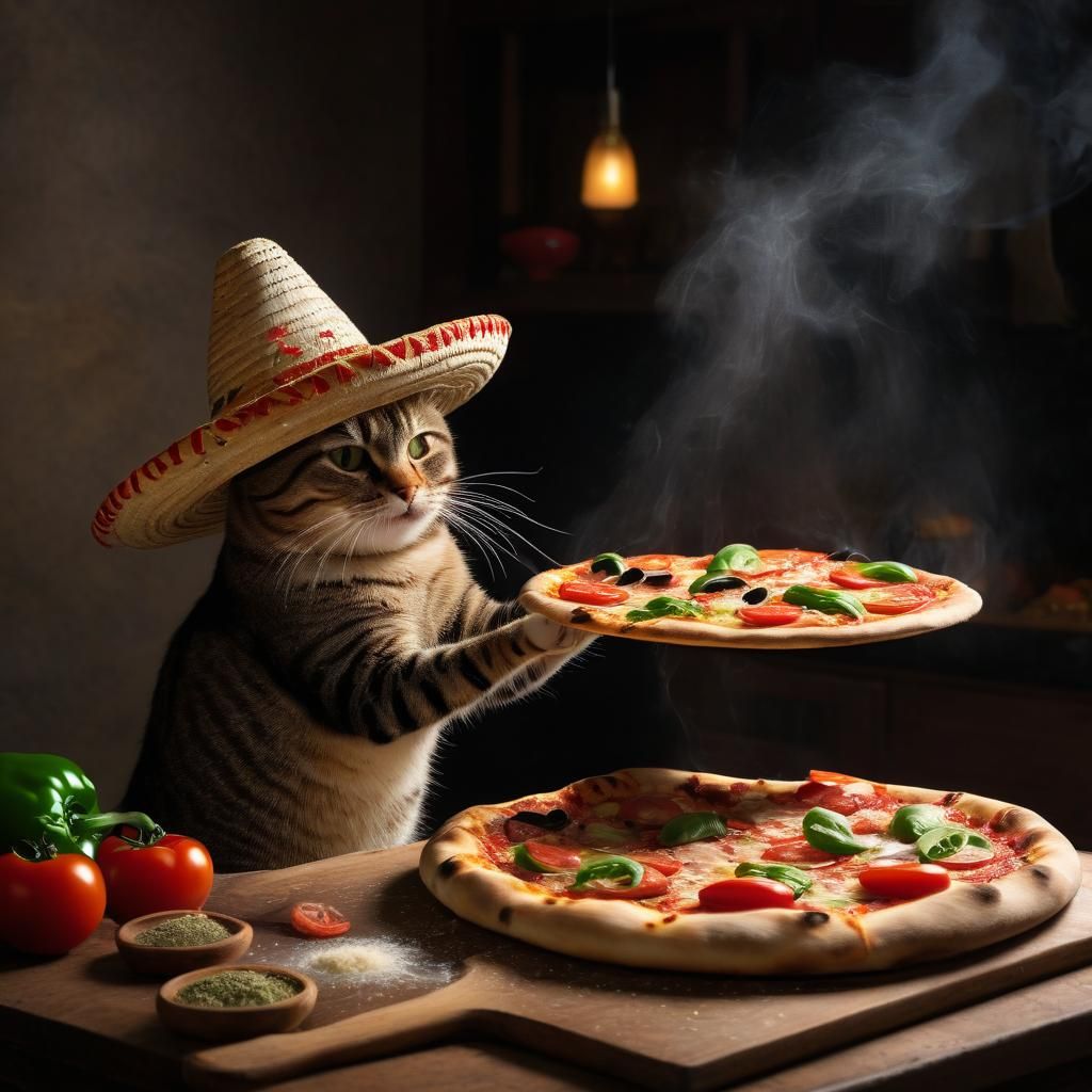 Sombrero Cat Makes Pizza: Digital Art