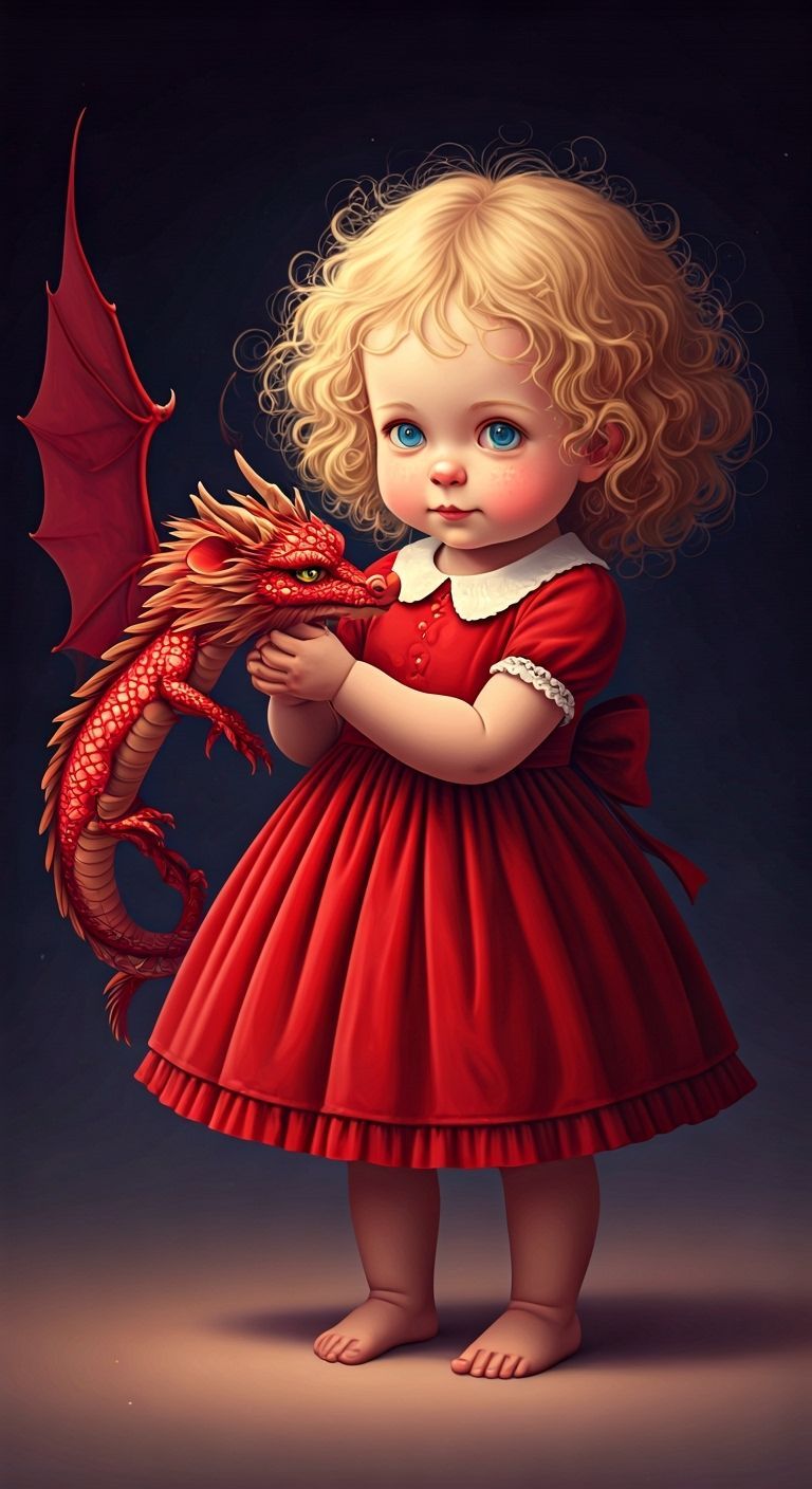 Baby Girl with Dragon in Whimsical Style