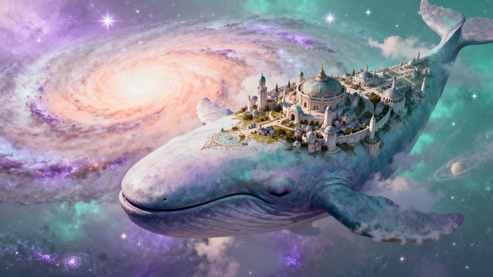 Fantasy City on Giant Sky Whale in Nebula