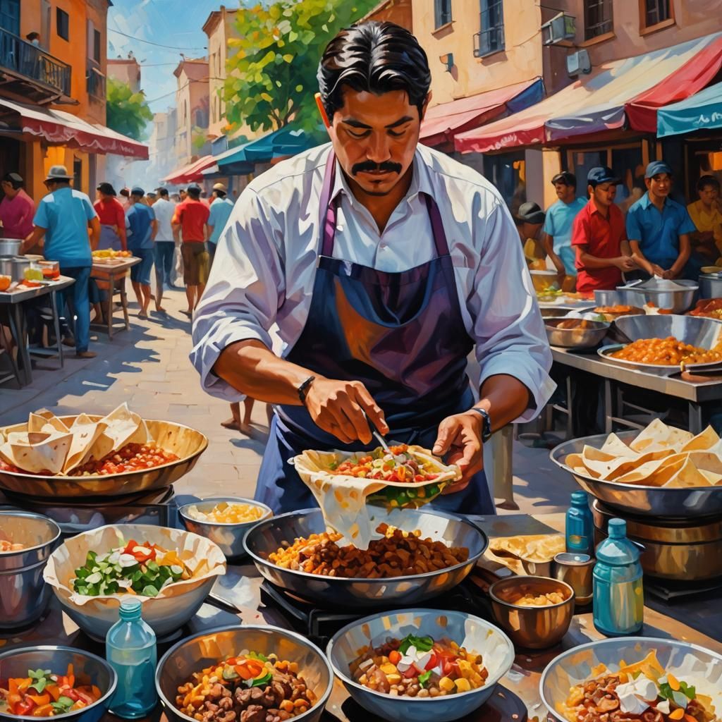 Mexican Cook Makes Burritos: Impressionist Oil Painting