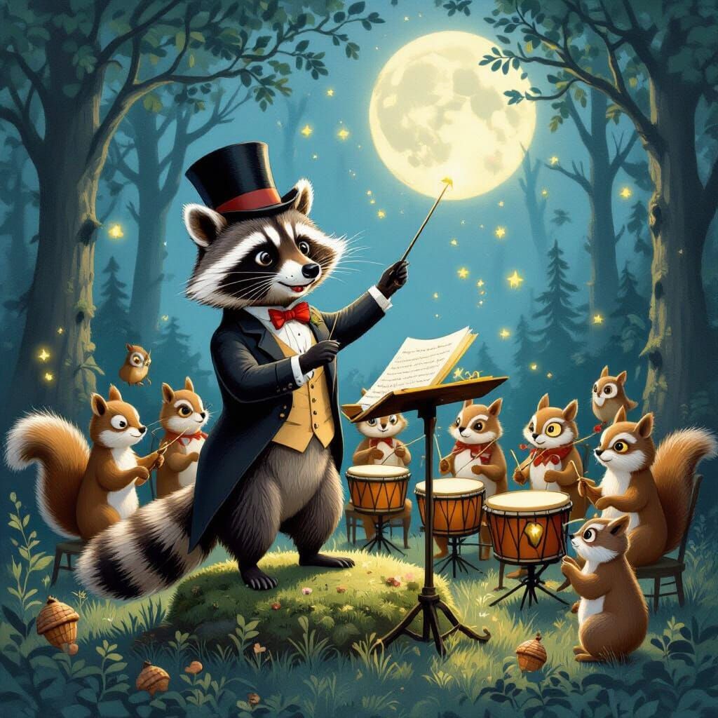 Raccoon Conductor Leading Forest Orchestra