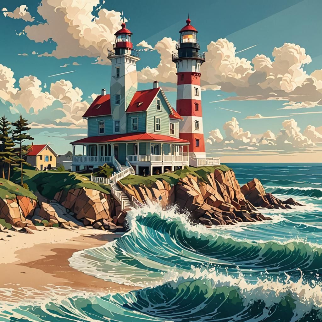 Abstract Lighthouse on Beach in Geometric Fauvism Style