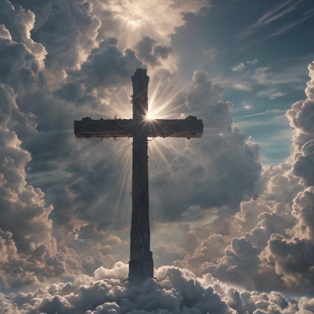 Radiant Cross in Heavenly Clouds: Epic Digital Painting