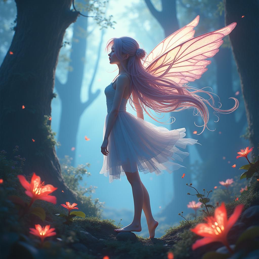 Anime Fairy in Mystical Glowing Forest