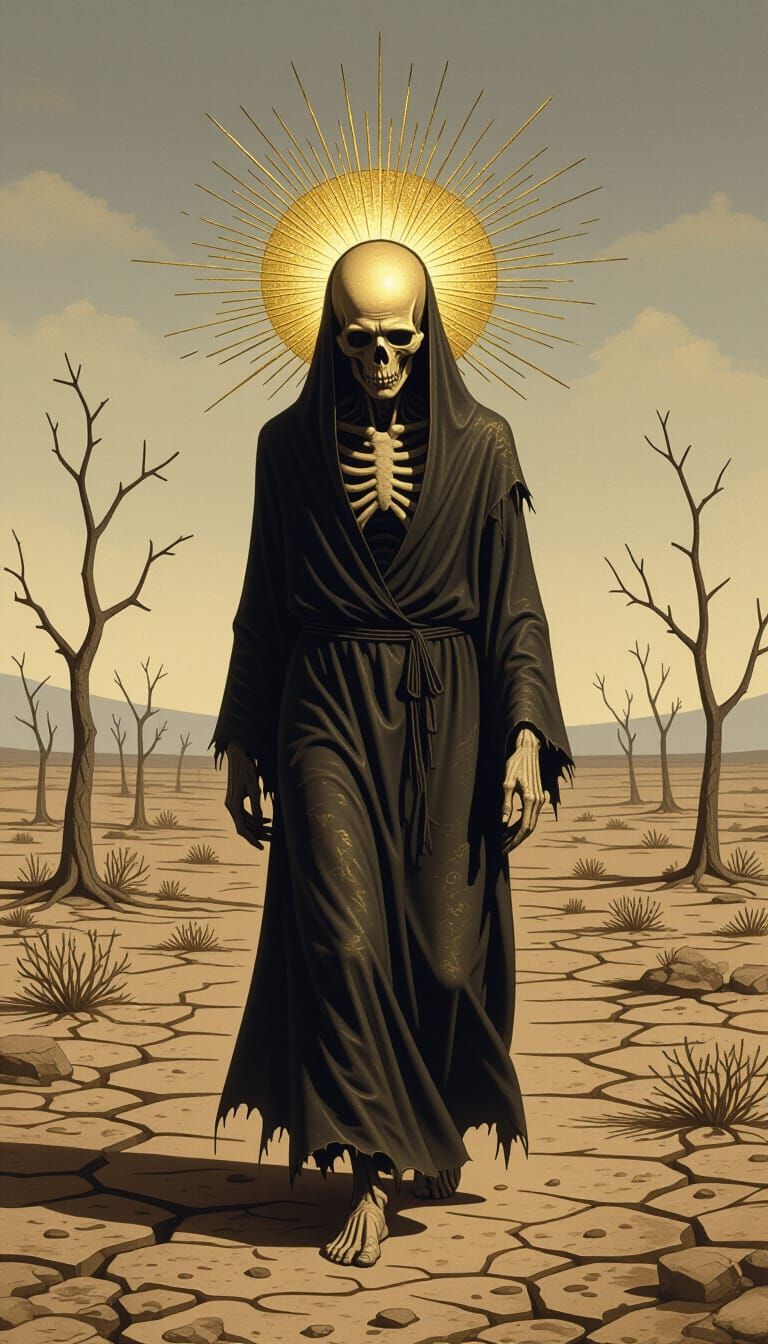 Emaciated Figure with Golden Halo Walks Barren Landscape
