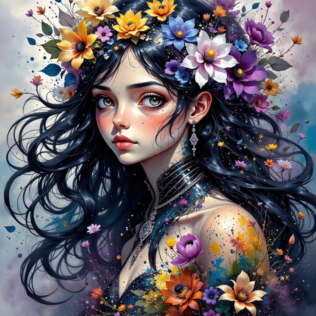 Ethereal Flower Child With Ink Splatters