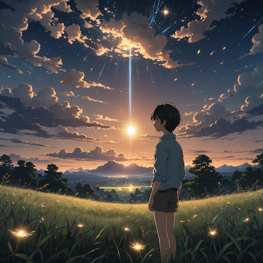 Moody Figure Overlooking Meadow at Night: Anime Style