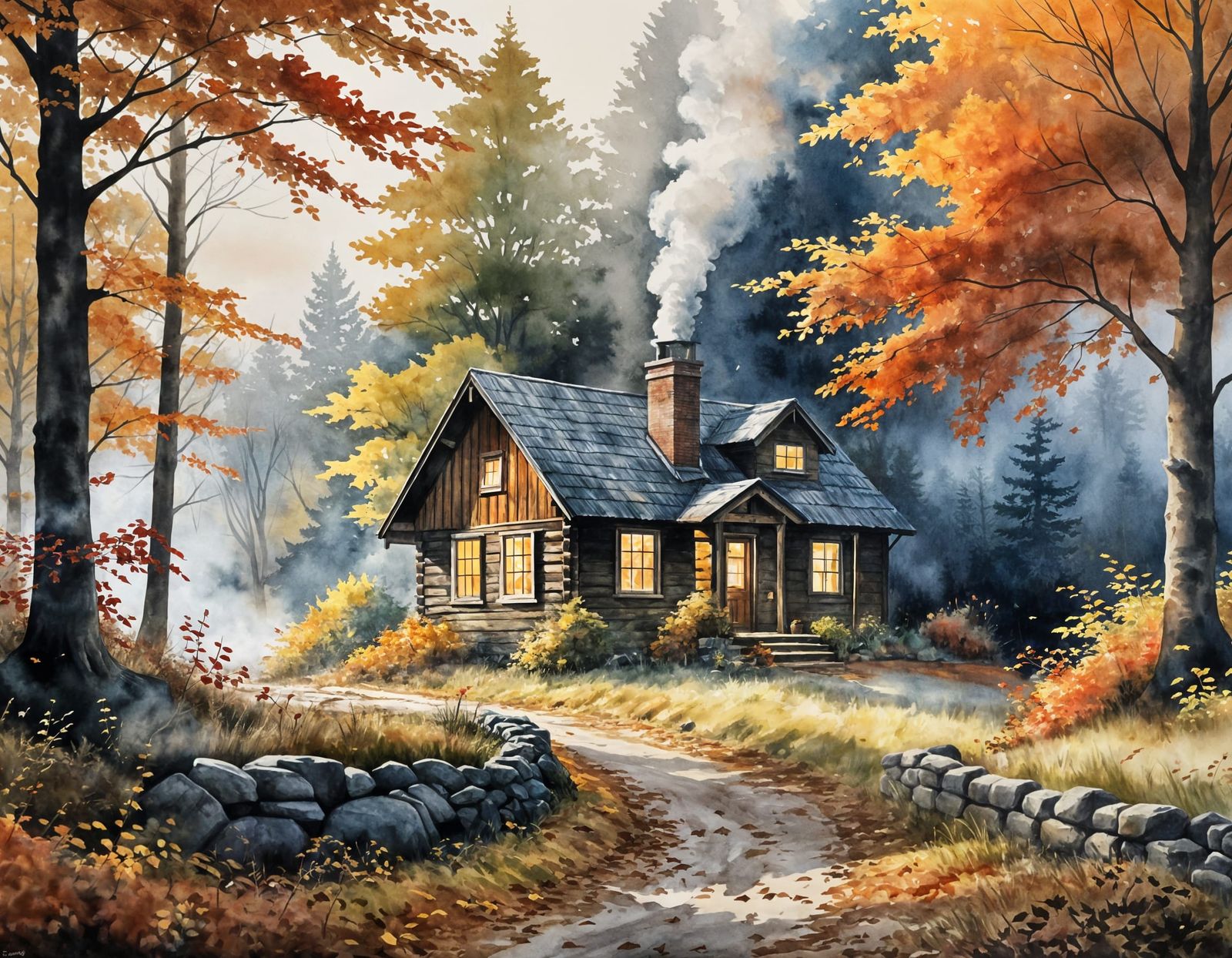 Secluded Cabin in Autumnal Woods: Watercolor Painting