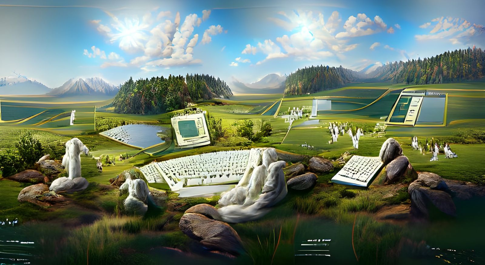 Serene Landscape with Vintage Computers in Photorealistic St...