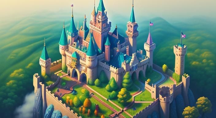 Whimsical Pixel Art Castle with Unicorn and Princess