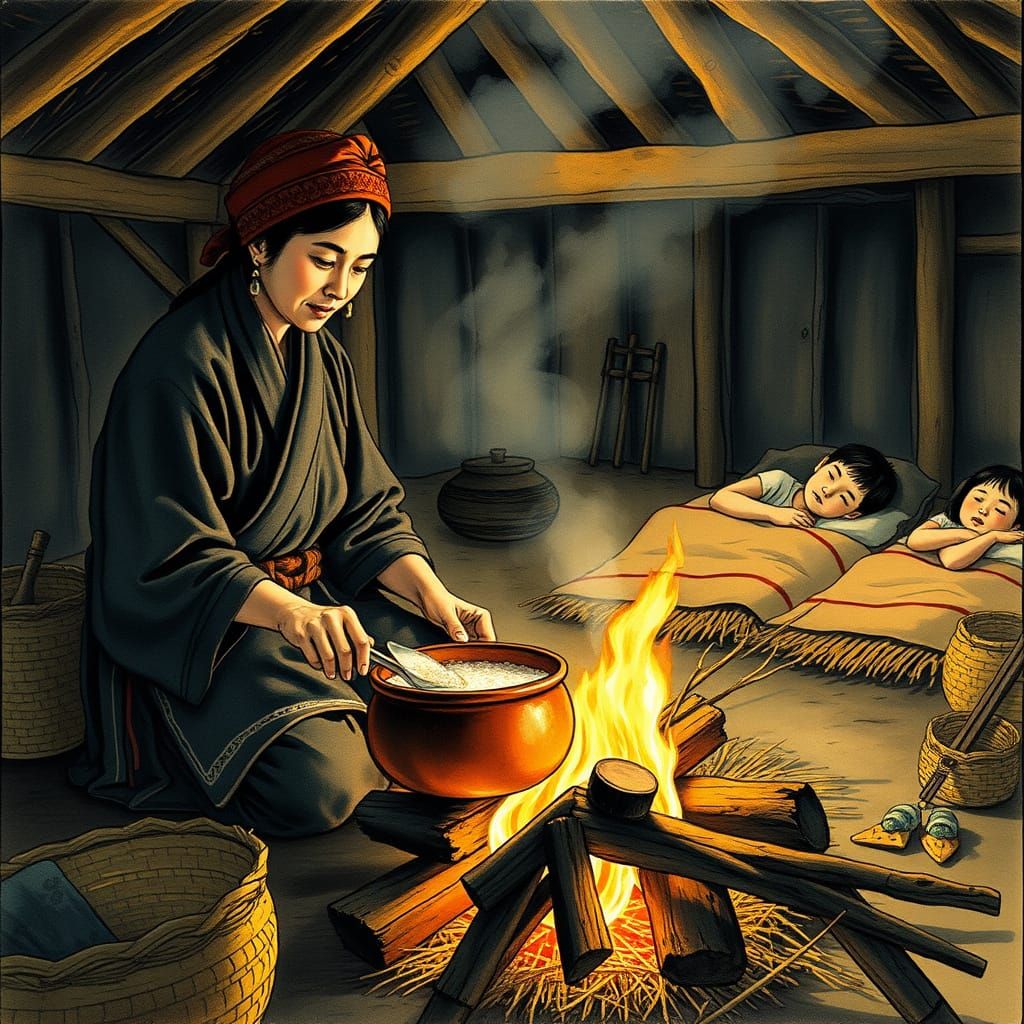Ainu Woman Cooking by Candlelight in Traditional Hut