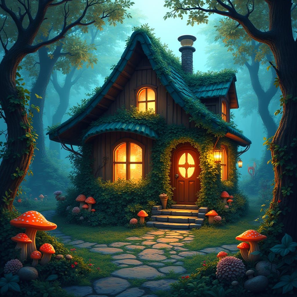 Cabin in Whimsical Forest as Matte Painting