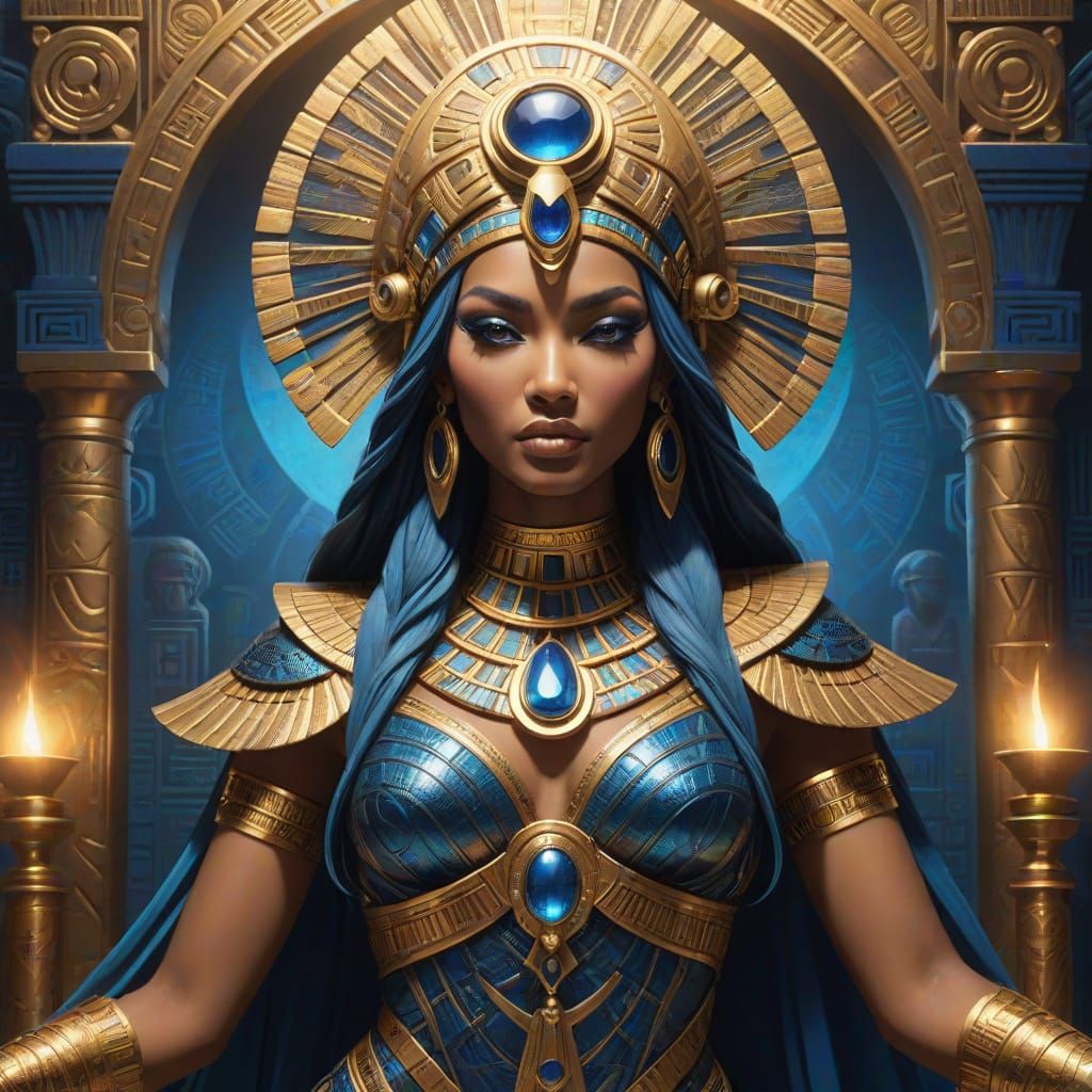 Ancient Egyptian Goddess with Golden Headdress and Serpents