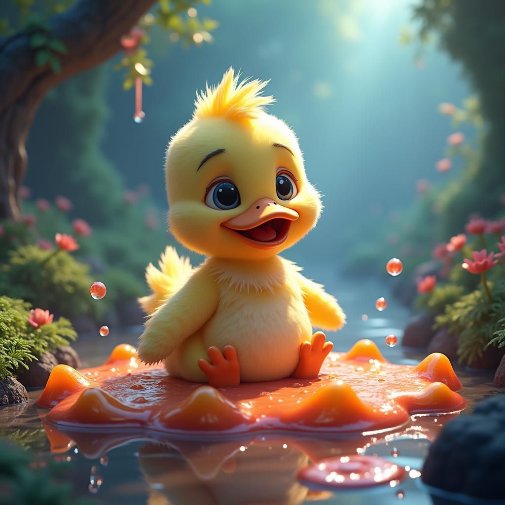 Charming Cartoon Duck in Dreamy Slime Landscape