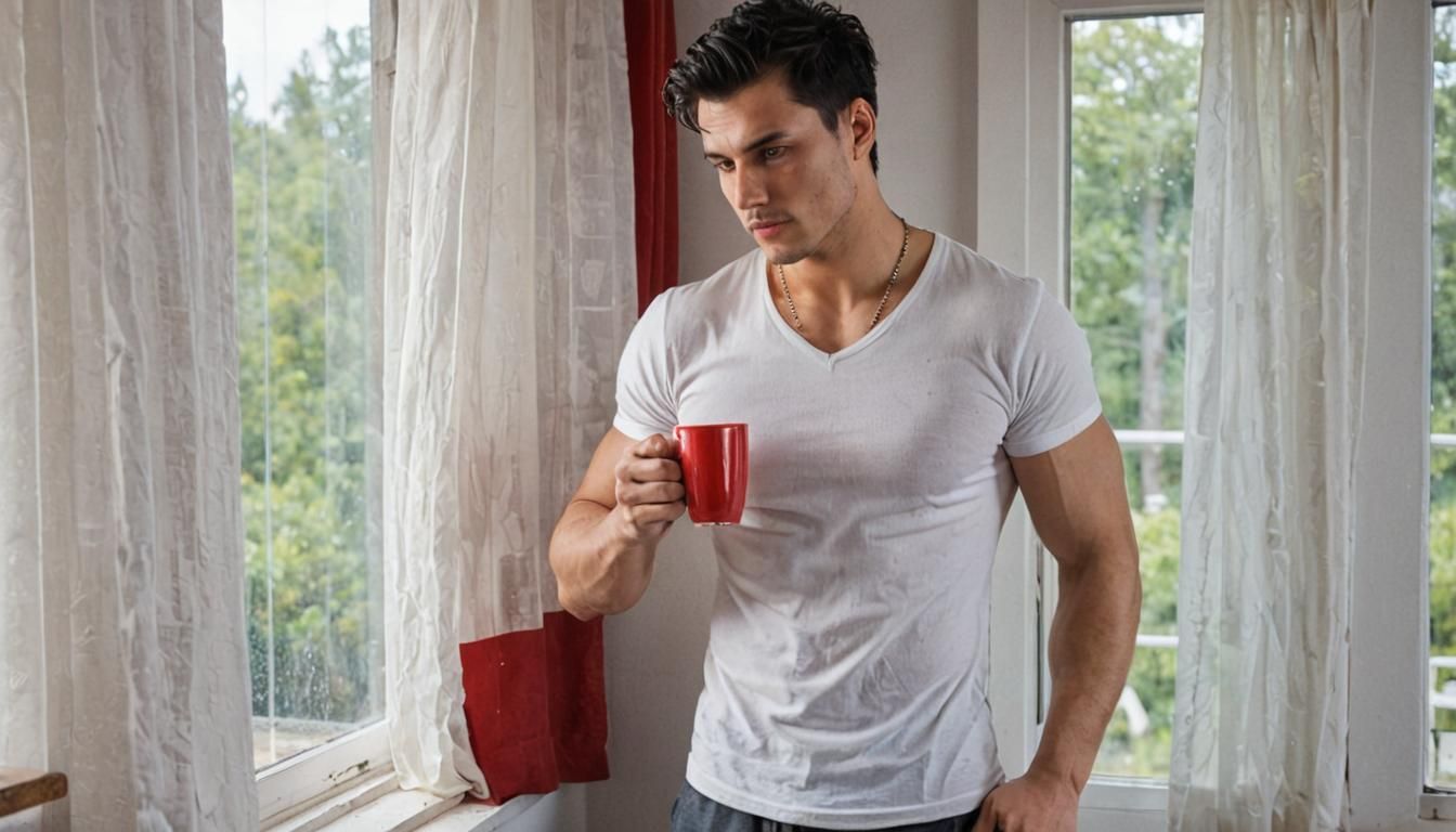 Young Man Contemplates Morning with Coffee