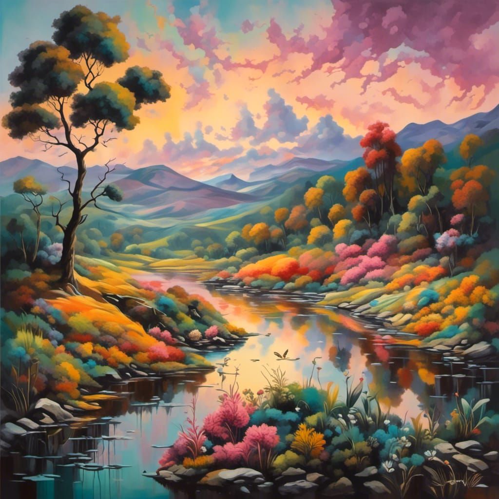 Surreal Splattered Landscape in Gouache Style