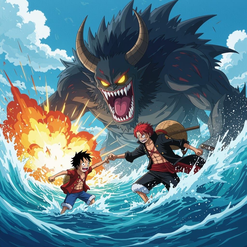 Shanks Heroically Saves Luffy from Ocean Monster in Anime St...